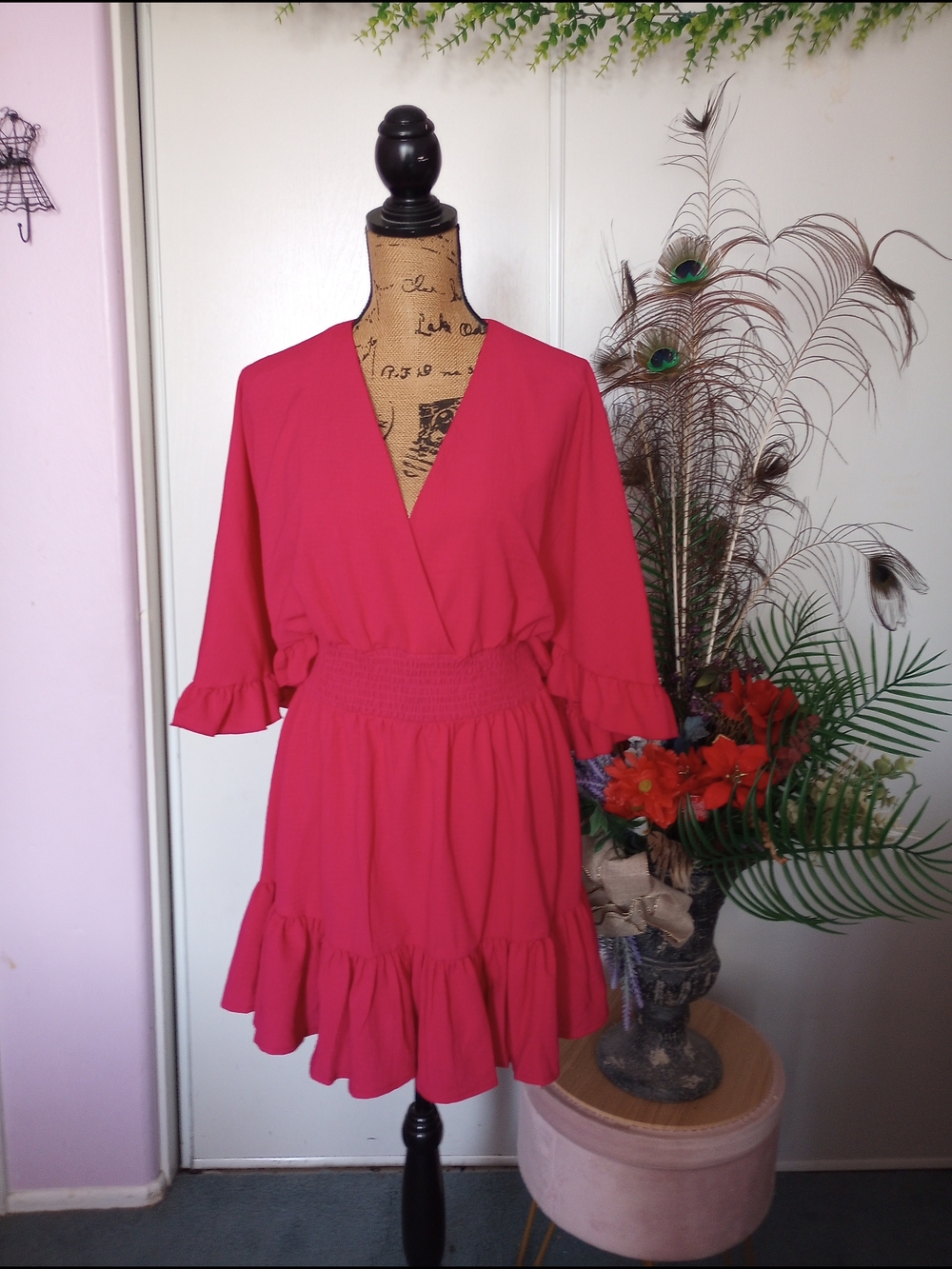 indulge Fuchsia V-Neck Ruffle Romper